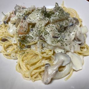 美味しい毎日の作ってみた!投稿(えびとイカときのこの豆乳クリームパスタ)