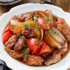 豚こまとトマトと玉ねぎの酢豚【節約、食材3つ】