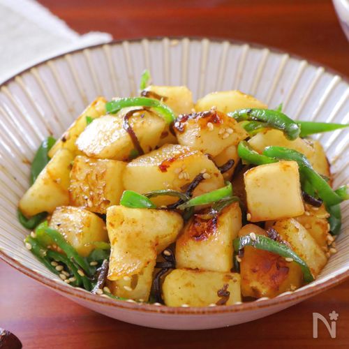 やみつき【じゃがいもとピーマンの塩昆布バター炒め】お弁当にも