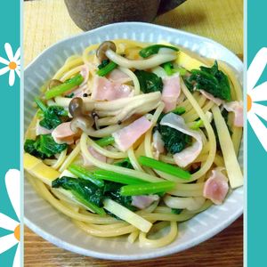 チョロリスの作ってみた!投稿(簡単！『ほうれん草とベーコンとしめじの醤油パスタ』)