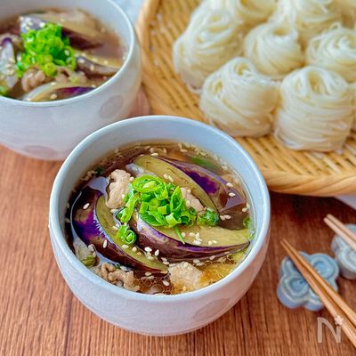 豚肉となすの旨みたっぷり♩つけそうめん