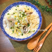 フライパン１つで！白菜と舞茸のコーンクリームスープパスタ
