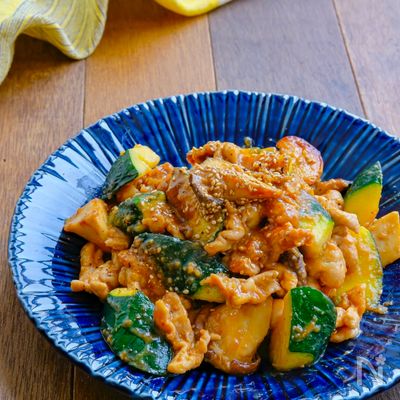 ズッキーニとエリンギと豚こまのスタミナ旨味噌炒め