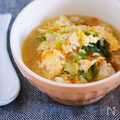 重ねて10分♪ごま油香る♪『白菜とひき肉のとろとろ卵スープ』