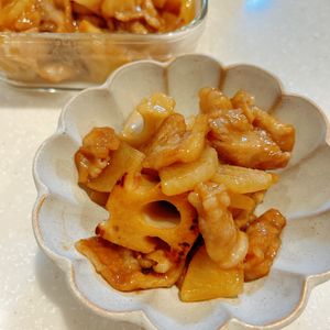 きなこの作ってみた!投稿(れんこんと大根の照り照り豚こま炒め)