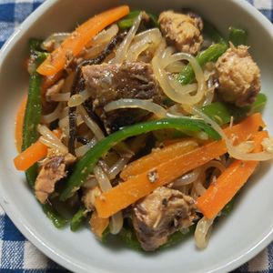 RINAの作ってみた!投稿(安旨簡単！ごはんがおいしいおかず♡【サバ缶しらたき野菜炒め】)