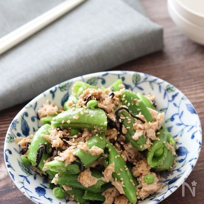 レンチンして和えるだけ♡スナップえんどうのツナ塩昆布和え