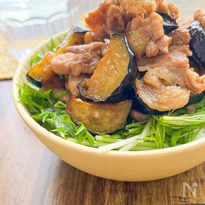 子どもウケ抜群‼︎なす✖️豚こまの甘辛丼