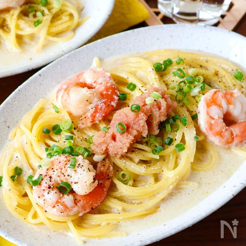 ワンパンで簡単！生クリームなし【濃厚えび明太クリームパスタ】