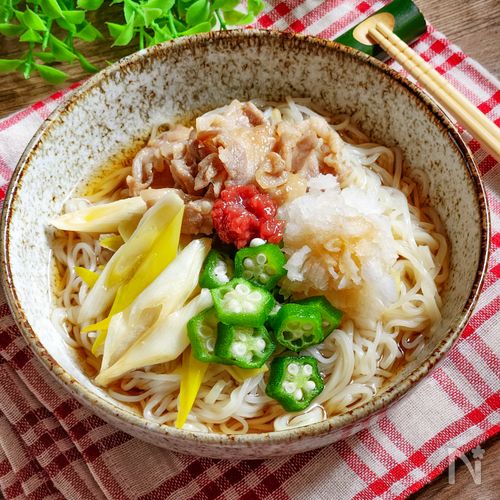 豚肉とネギの梅おろしそうめん