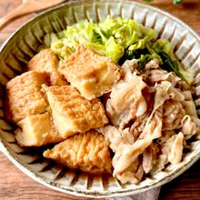 レンジで10分！めんつゆで簡単♪【豚バラ厚揚げ肉豆腐】