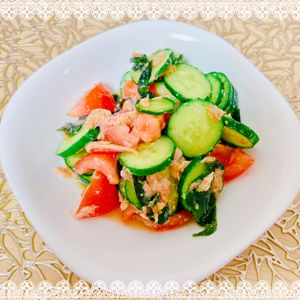 にゃ〜むずの作ってみた!投稿(さっと副菜☆『きゅうりとミニトマトの中華ツナサラダ』)
