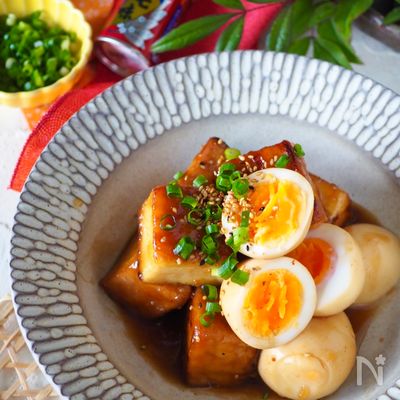 【厚揚げの角煮風】時短でヘルシー厚揚げとゆで卵のコッテリ角煮