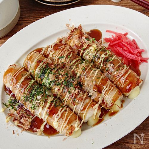 【肉巻きチーズちくわのお好み焼き風】おつまみに♪