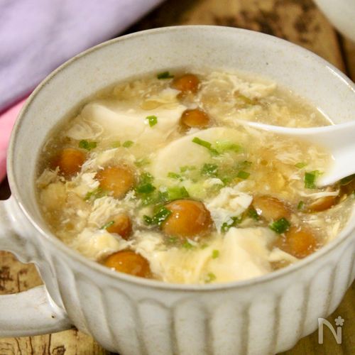 ほっこり、とろうま♪くずし豆腐となめこのとろたまスープ