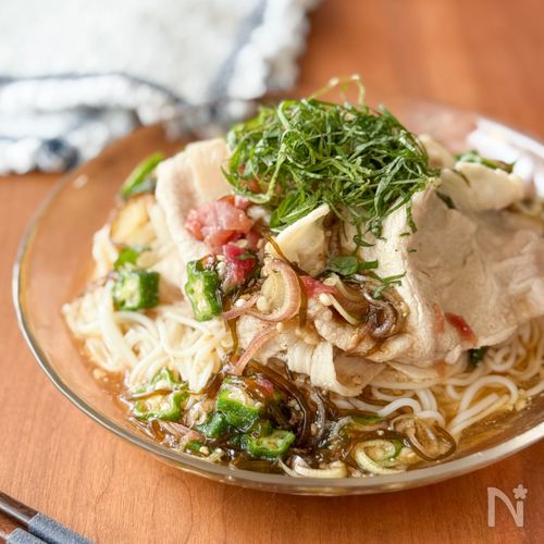 【豚しゃぶ梅もずくそうめん】食欲がないとき・夏バテ予防にも!