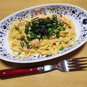 ナムディの作ってみた!投稿(ワンパン！粉チーズ香る♪麺つゆ釜玉パスタ)