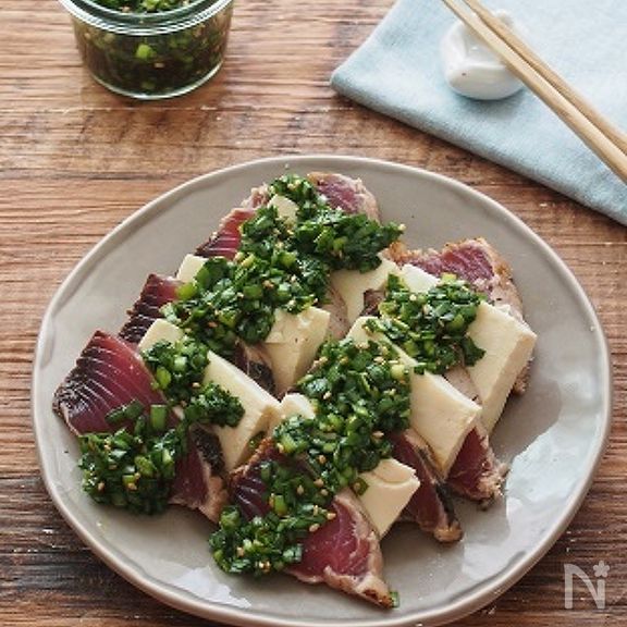 かつおと豆腐のにらだれ
