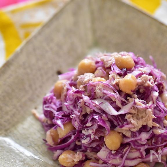 ３分病みつき！調味料２つ♪紫キャベツとひよこ豆のツナサラダ