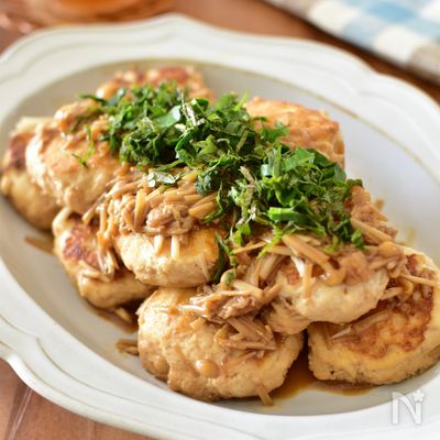 ［えのき入り豆腐ハンバーグ]なめ茸タレがご飯に合う♪