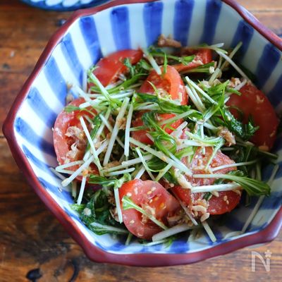 【さっぱり♡水菜とトマトの梅ツナ和え】5分で完成!