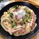 おすすめ♡ベーコンとしめじの和風カルボナーラうどん