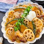 【レンコンとカボチャの豚こまみぞれ煮】麺つゆで味付け簡単！