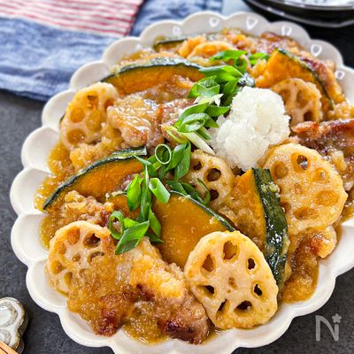 【レンコンとカボチャの豚こまみぞれ煮】麺つゆで味付け簡単！
