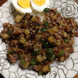 けこすの作ってみた!投稿(トロける旨さ！大人も子供もがっつく♡︎茄子そぼろ丼)