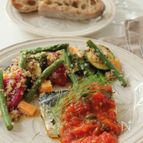 塩鯖のハーブマリネソテー　フレッシュトマトとオリーブのソース