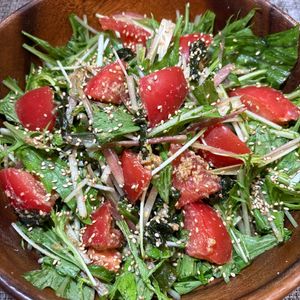 楽ラク手抜キッチン🐶🐾の作ってみた!投稿(水菜とみょうがの香味ごまポン酢和え♩さっぱり爽やか！シャキ旨)