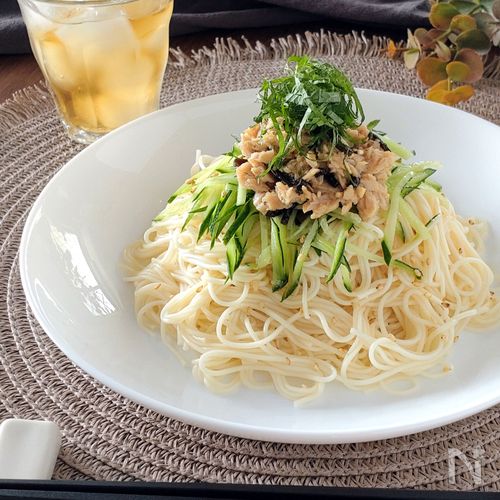 混ぜるだけ！大葉香るツナ塩昆布素麺。