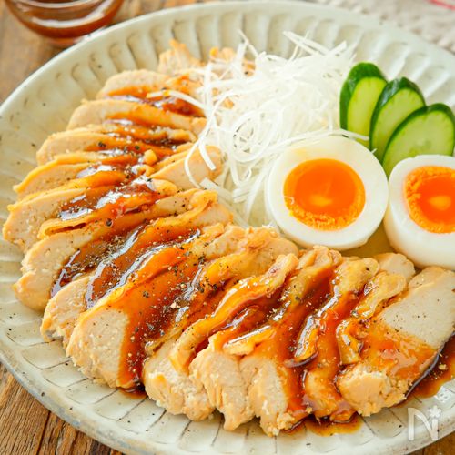 【レンジで鶏むねチャーシュー】こってり照り焼きダレで旨い