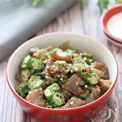 やみつきヘルシー副菜♡こんにゃくとオクラのごまおかか炒め