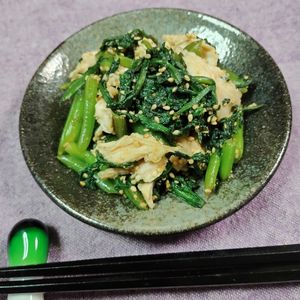 M＊Pの作ってみた!投稿(スピード副菜＊春菊とサラダチキンのごま和え)