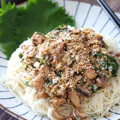 生姜と大葉でさっぱり♡さば味噌ネギだくそうめん