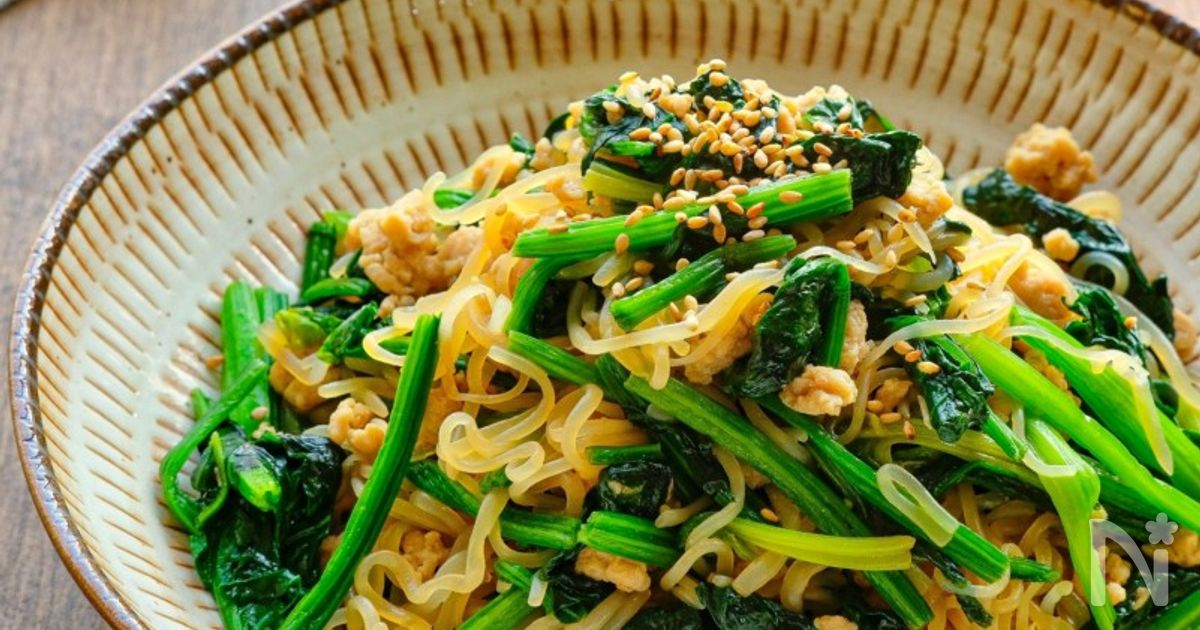 しらたきとほうれん草のそぼろ炒め【食物繊維たっぷり！】