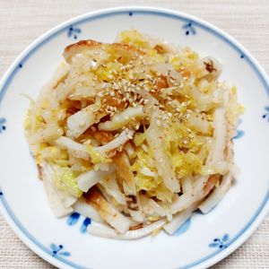 よっこの作ってみた!投稿(ちくわと白菜の一味和え♩ポリ袋1つ！白菜消費！ピリ辛おつまみ)