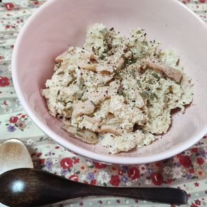 M＊Pの作ってみた!投稿(貝だしの素で絶品♪鮭のオートミール豆乳リゾット)
