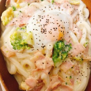 煌蓮mamの作ってみた!投稿(トロうま♪カルボうどん【温玉でまろやか♪パパっと簡単ランチ】)