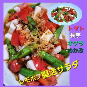 サトちゃんの作ってみた!投稿(腸活サラダ【トマトと長芋とオクラとめかぶのレモポンサラダ】)