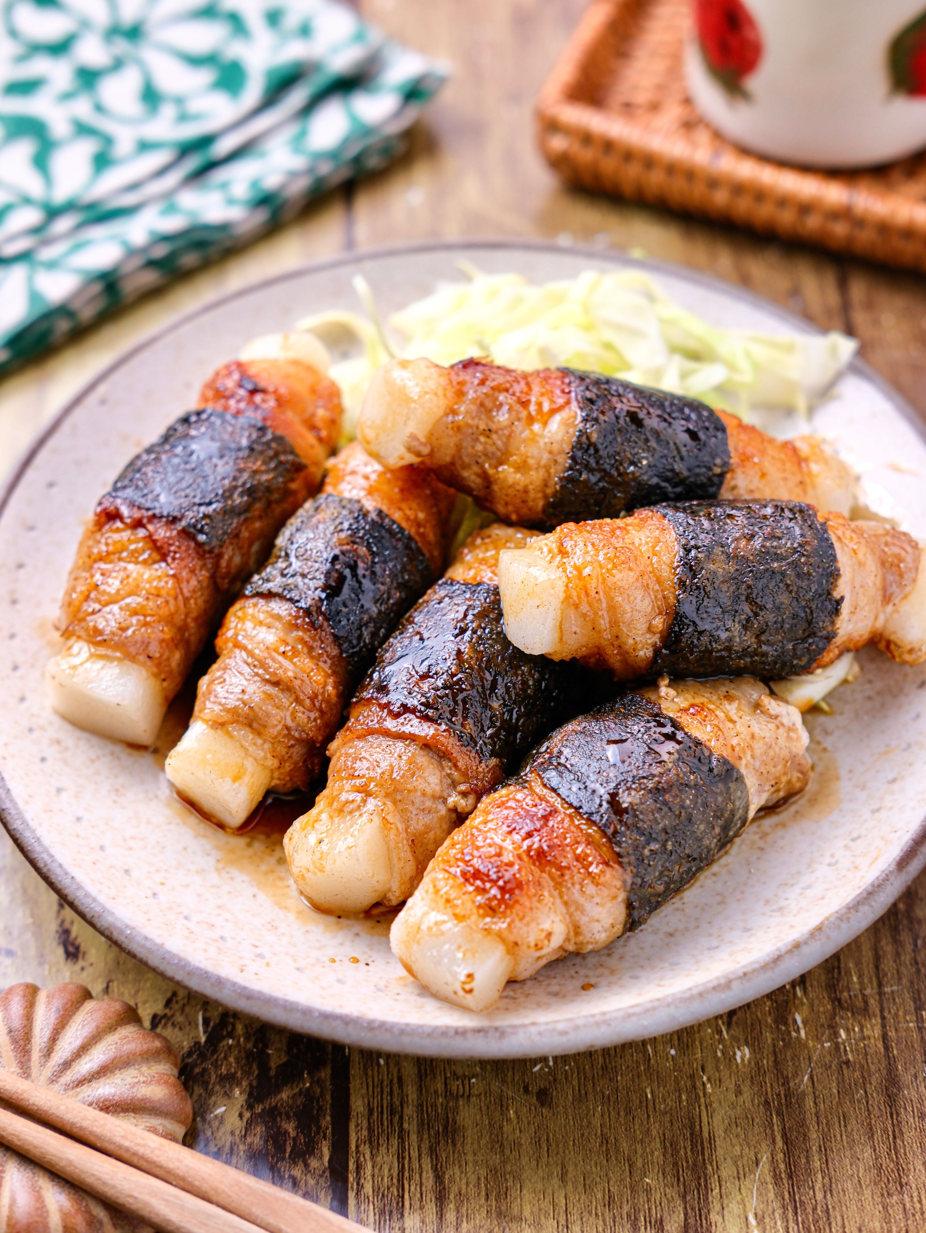 【甘辛海苔巻き豚肉もち】お餅で和風おつまみ♩