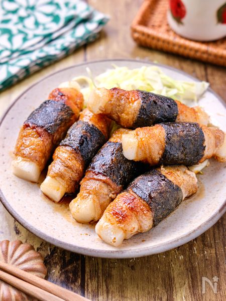 【甘辛海苔巻き豚肉もち】お餅で和風おつまみ♩