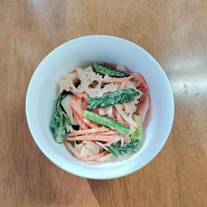 ぴんくツバメの作ってみた!投稿(蓮根と小松菜とにんじんの胡麻マヨあえ【お弁当にも♪】)