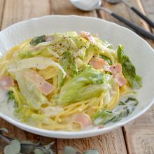 春キャベツとベーコンのクリームスープパスタ。簡単ワンポット！