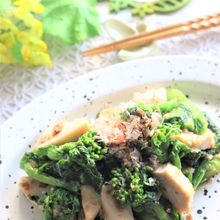 菜の花とサラダチキンのわさび醤油炒め
