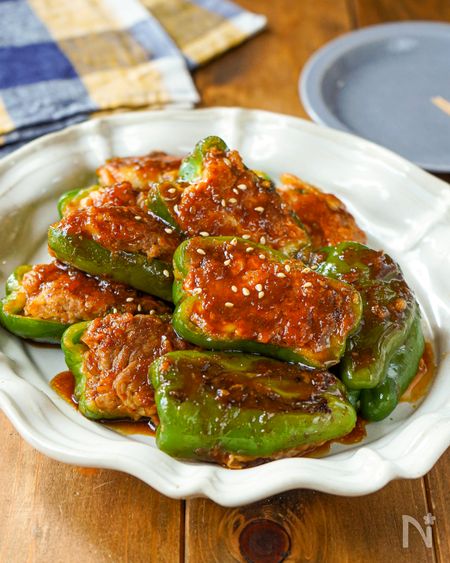 豚こまで作る、キムチーズピーマンの肉詰め