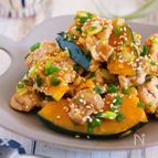 めんポンで♪『豚こまとかぼちゃのねぎだく♡香味ソースあえ』