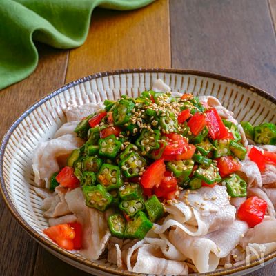 フレッシュ♪オクラトマトの旨だれ茹で豚