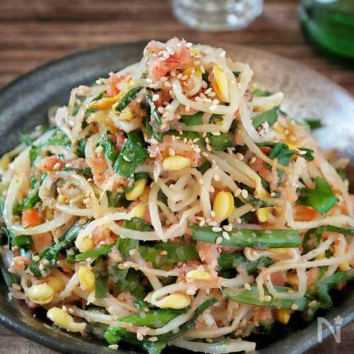 レンジでシャキ旨おつまみ【豆もやしニラのおかか明太ナムル】